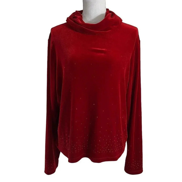 Jaclyn Smith Tops - Jaclyn Smith Red Velour Rhinestone Studded Blouse Size Large Elegant Formal Top
